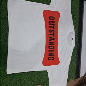 White T-Shirt with Red 'OUTSTANDING' Print